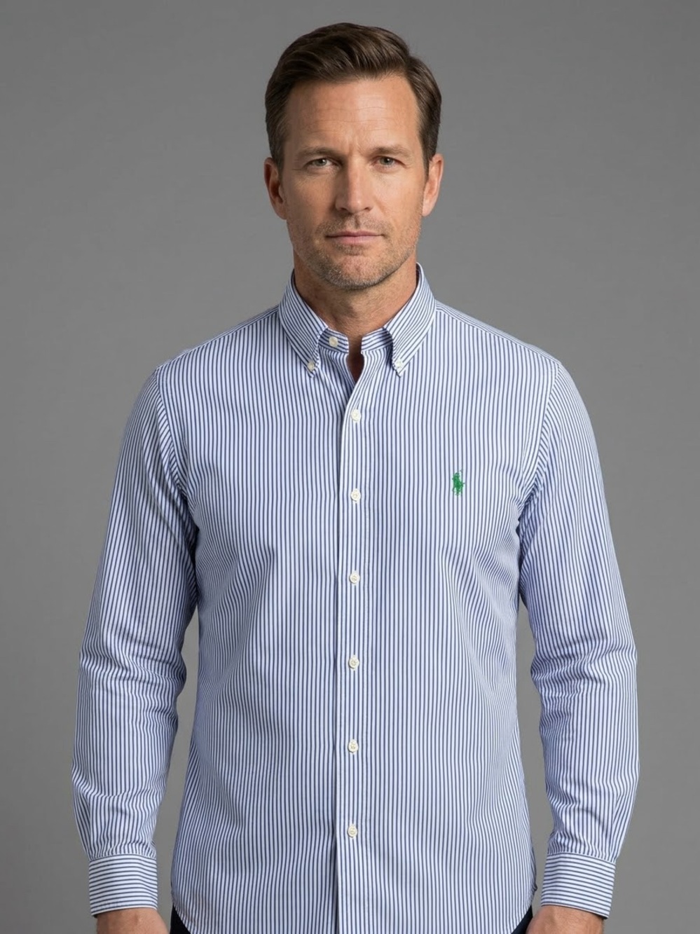 Men’s Long Sleeve Striped Button Down Oxford Shirt Classic Fit Designer Workwear